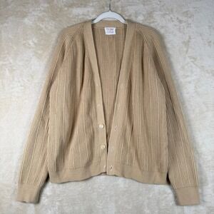 THANE Vintage Tan Ribbed Cardigan Sweater Womens XL V Neck Button‎ Front